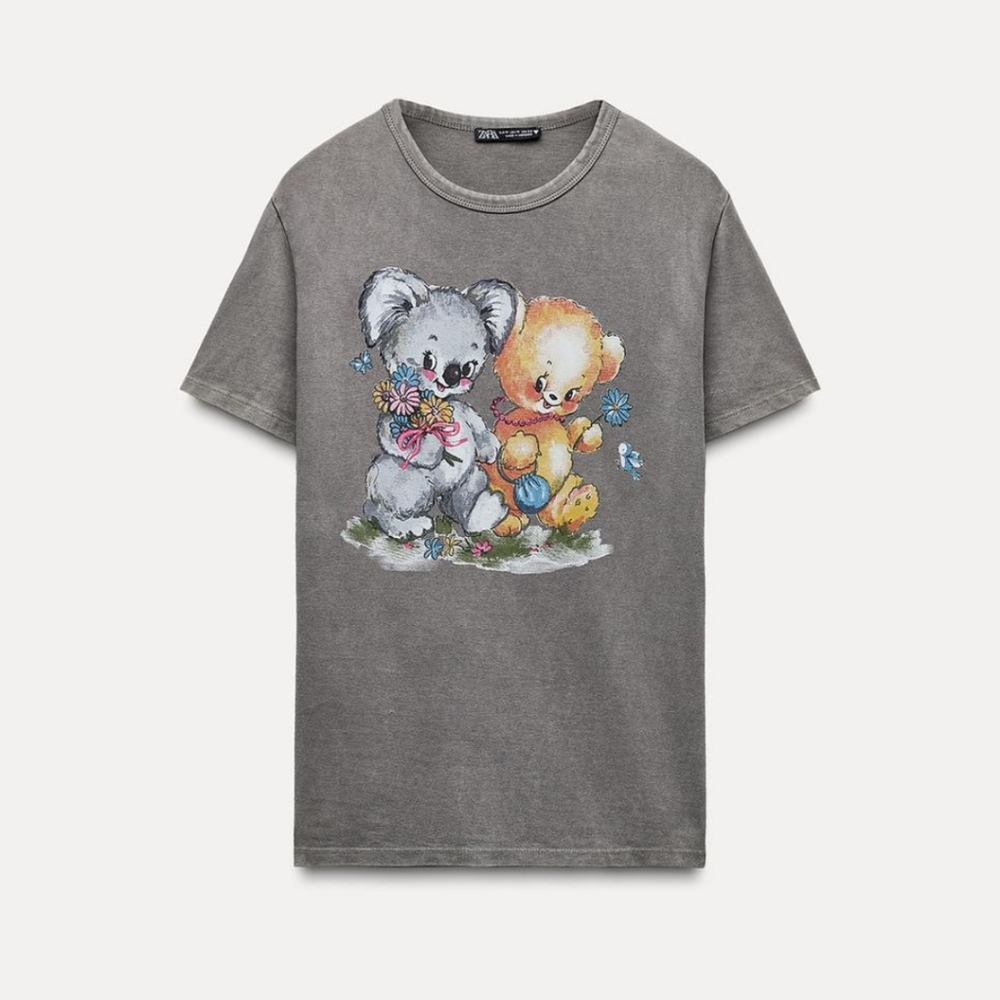 Zara Bear Print Washed Effect Gray T-shirt